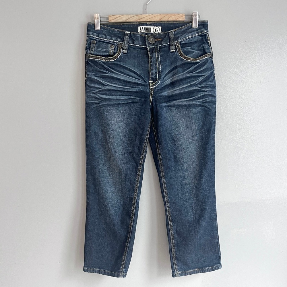 Zanadi Vintage Y2K Whiskered Crop Jeans Capris Thick Stitch Flap Pockets Denim 6 - Picture 3 of 12